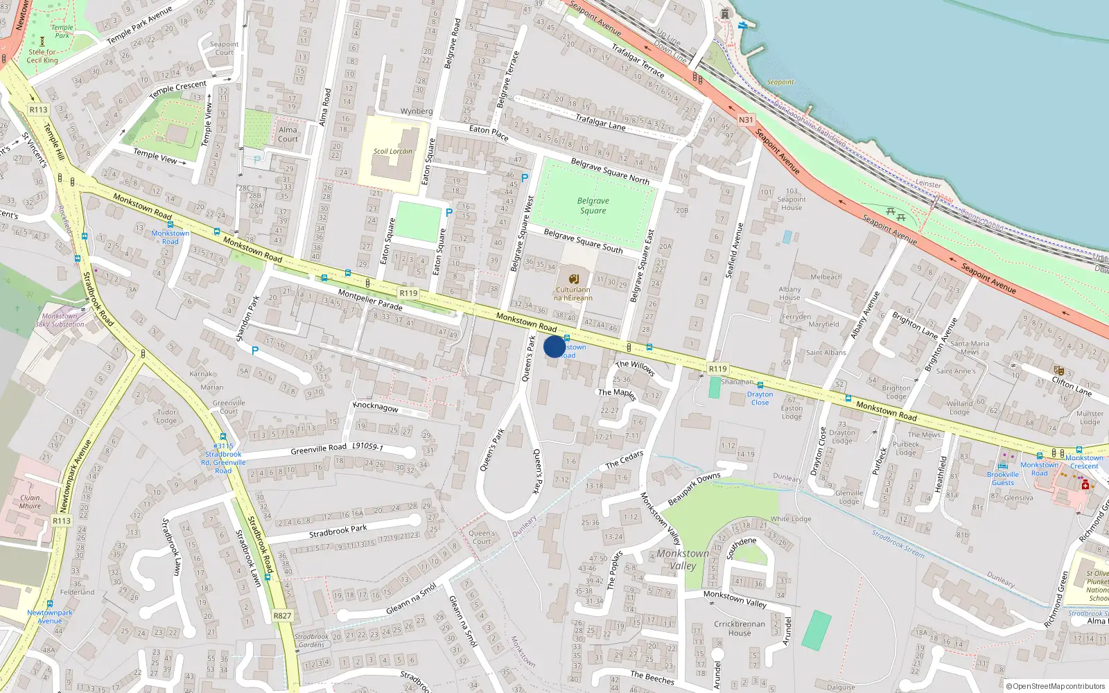 Overhead map showing the location of 12 Queen's Park, Monkstown, Blackrock