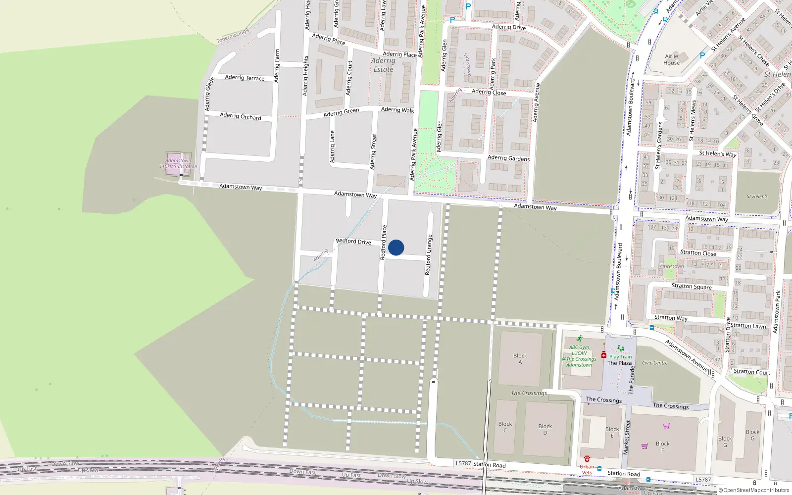Overhead map showing the location of 12 Redford Place, Lucan
