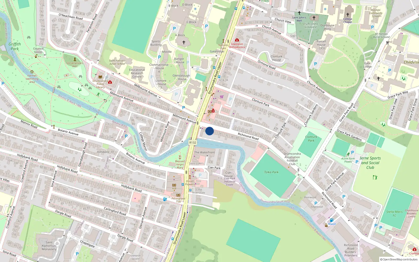 Overhead map showing the location of 12 Richmond Road, Drumcondra, Dublin 3