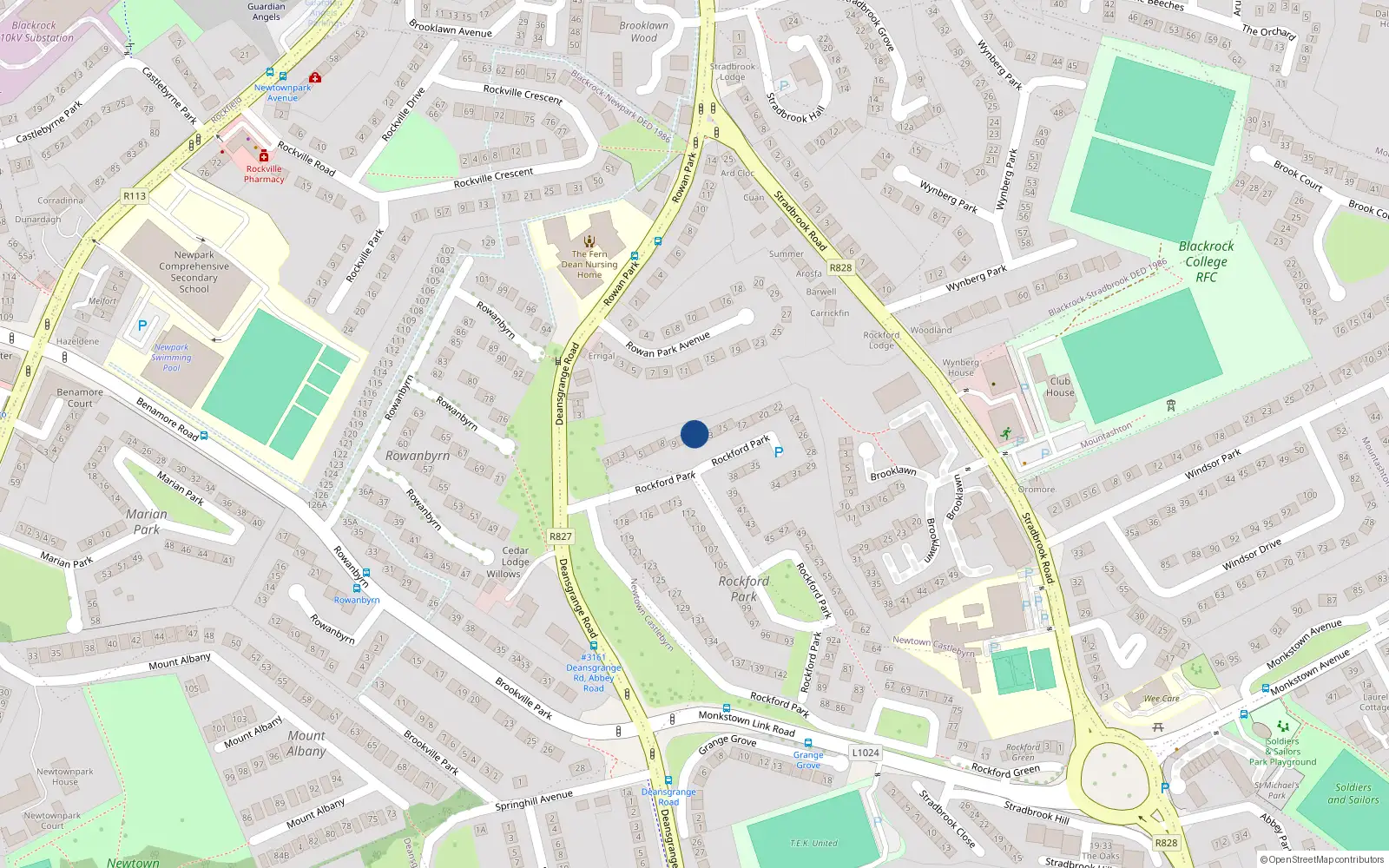 Overhead map showing the location of 12 Rockford Park, Blackrock, Co Dublin
