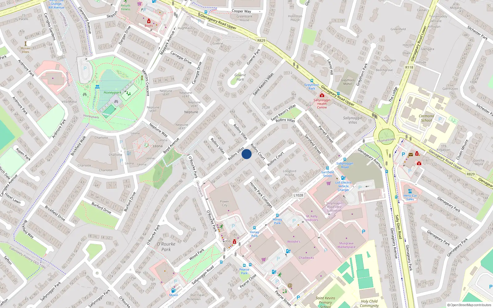 Overhead map showing the location of 12 Rollins Villas, Sallynoggin, Dublin