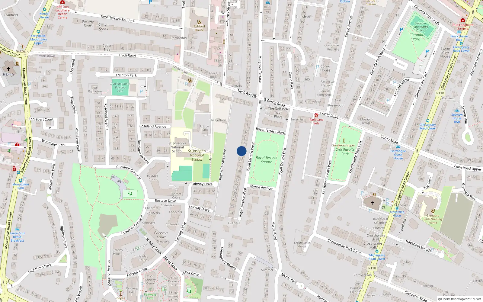 Overhead map showing the location of 12 Royal Terrace West, Co Dublin