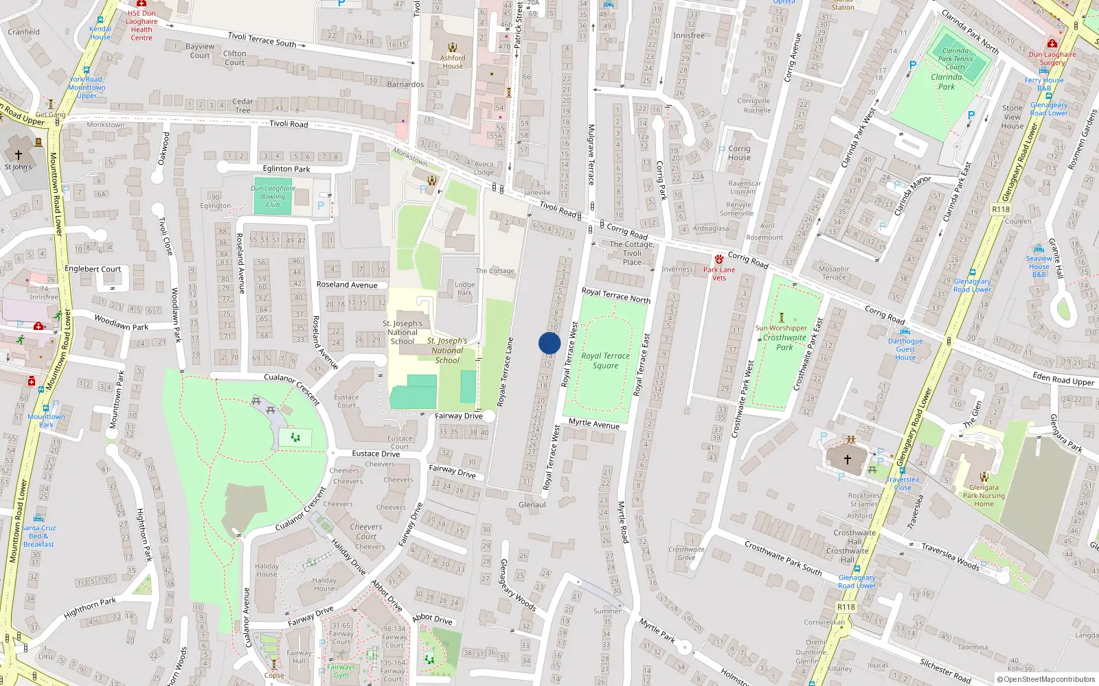 Overhead map showing the location of 12 Royal Terrace West, Dun Laoghaire, Dublin