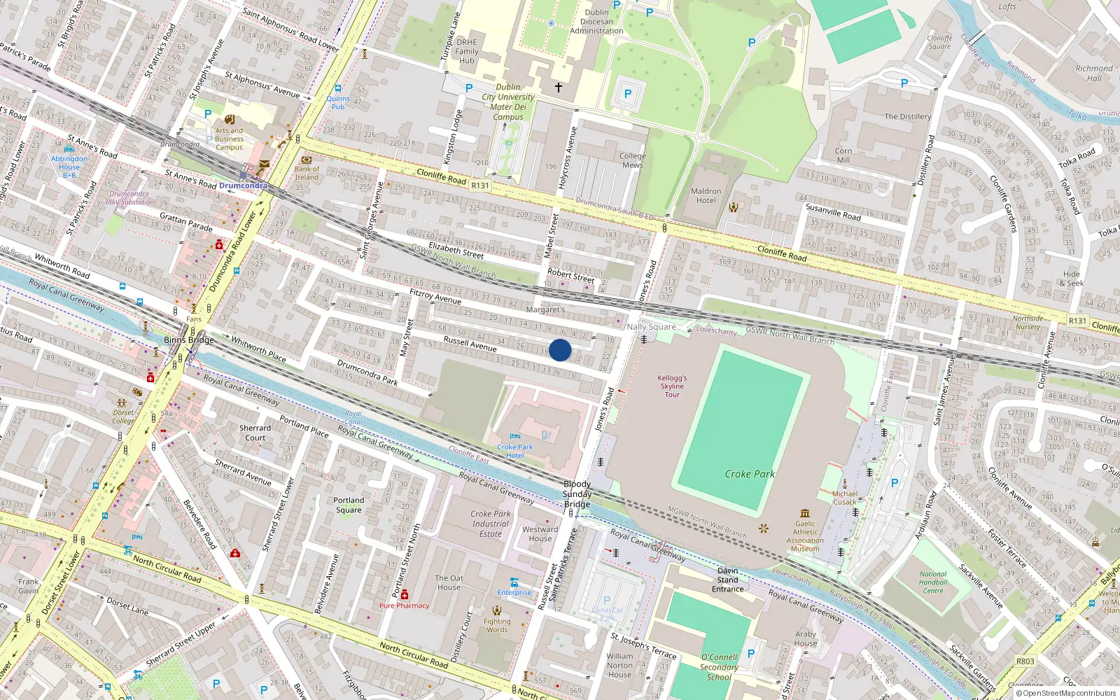 Overhead map showing the location of 12 Russell Avenue, Dublin 3