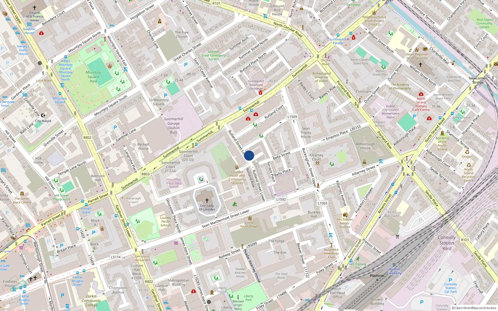 Overhead map showing the location of 12 Rutland St Lower, Summerhill, Dublin 1