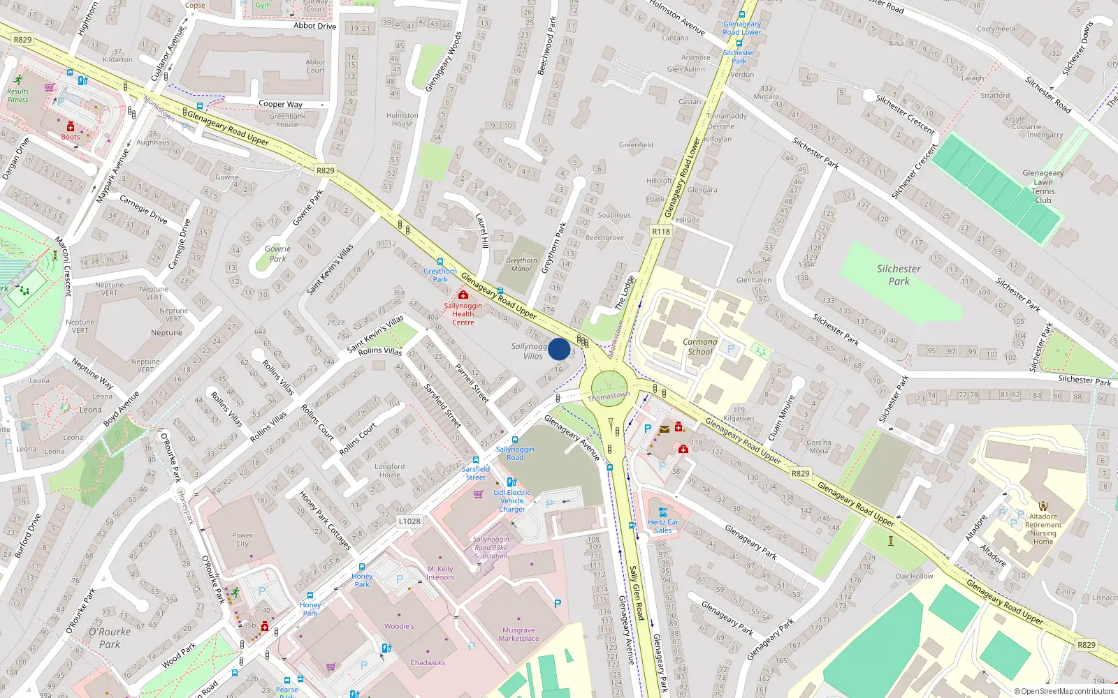 Overhead map showing the location of 12 Sallynoggin Villas, Upper Glenageary Road, Sallynoggin