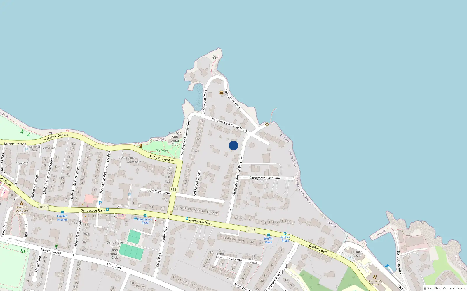 Overhead map showing the location of 12 Sandycove Avenue East, Glasthule, Dun Laoghaire