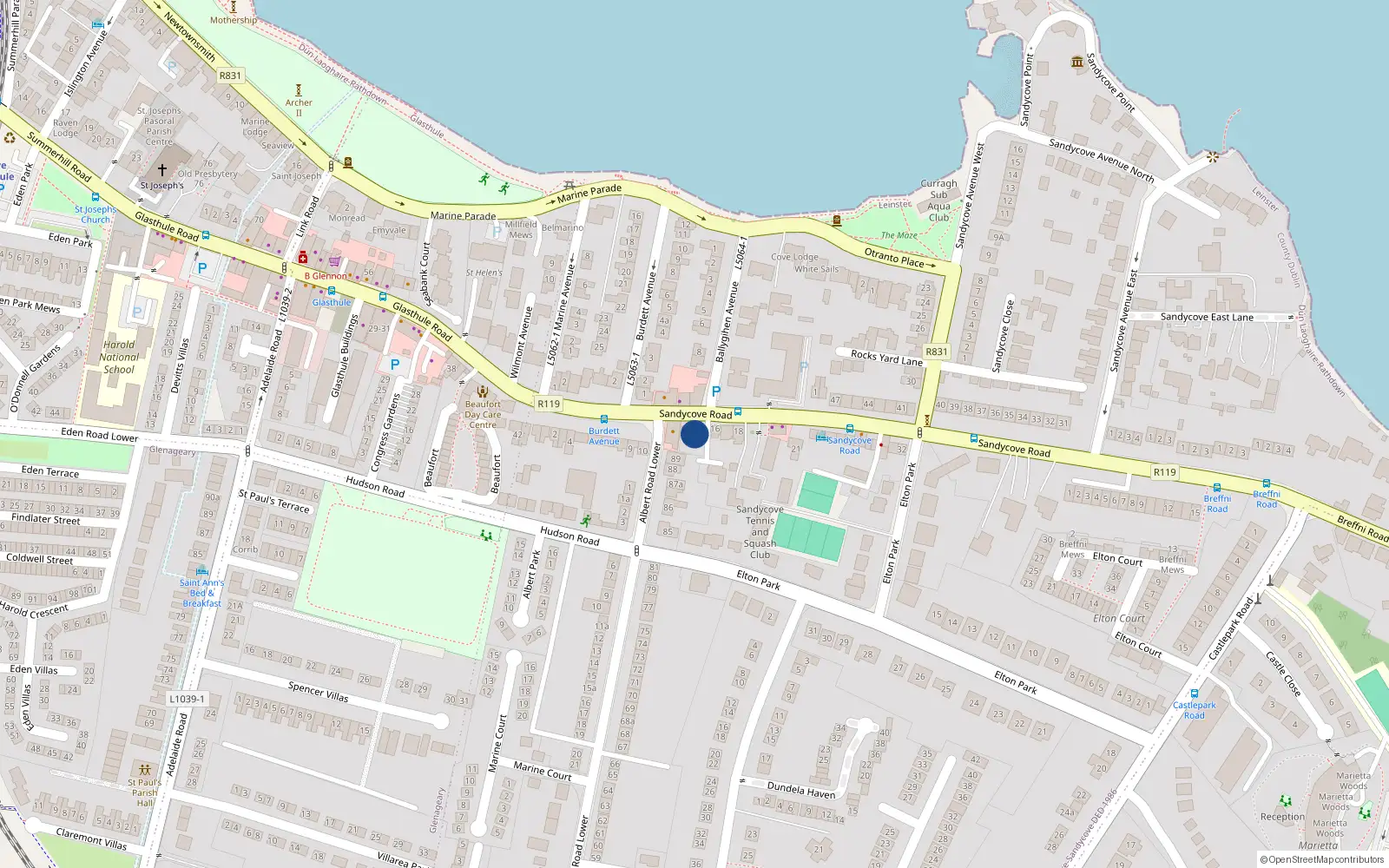 Overhead map showing the location of 12 Sandycove Road, Dublin