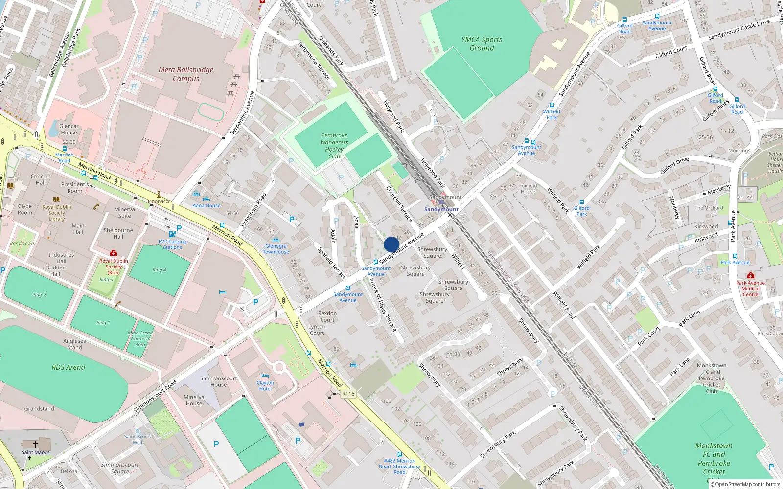 Overhead map showing the location of 12 Sandymount Avenue, Ballsbridge