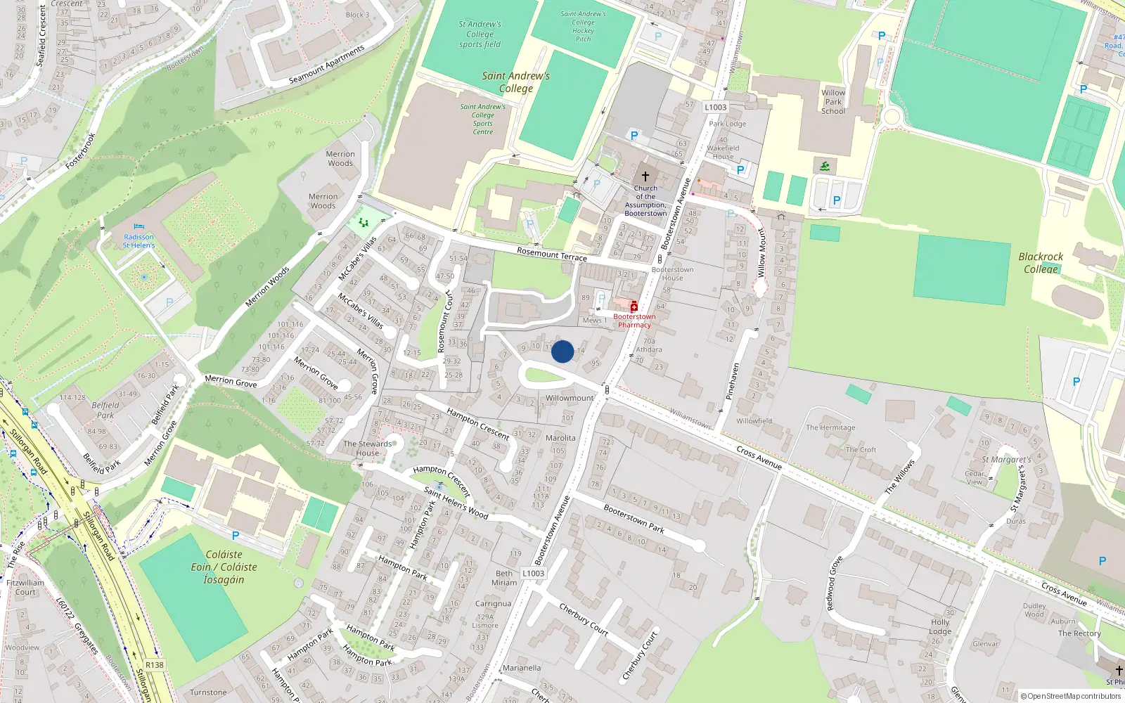 Overhead map showing the location of 12 Sans Souci Park, Blackrock
