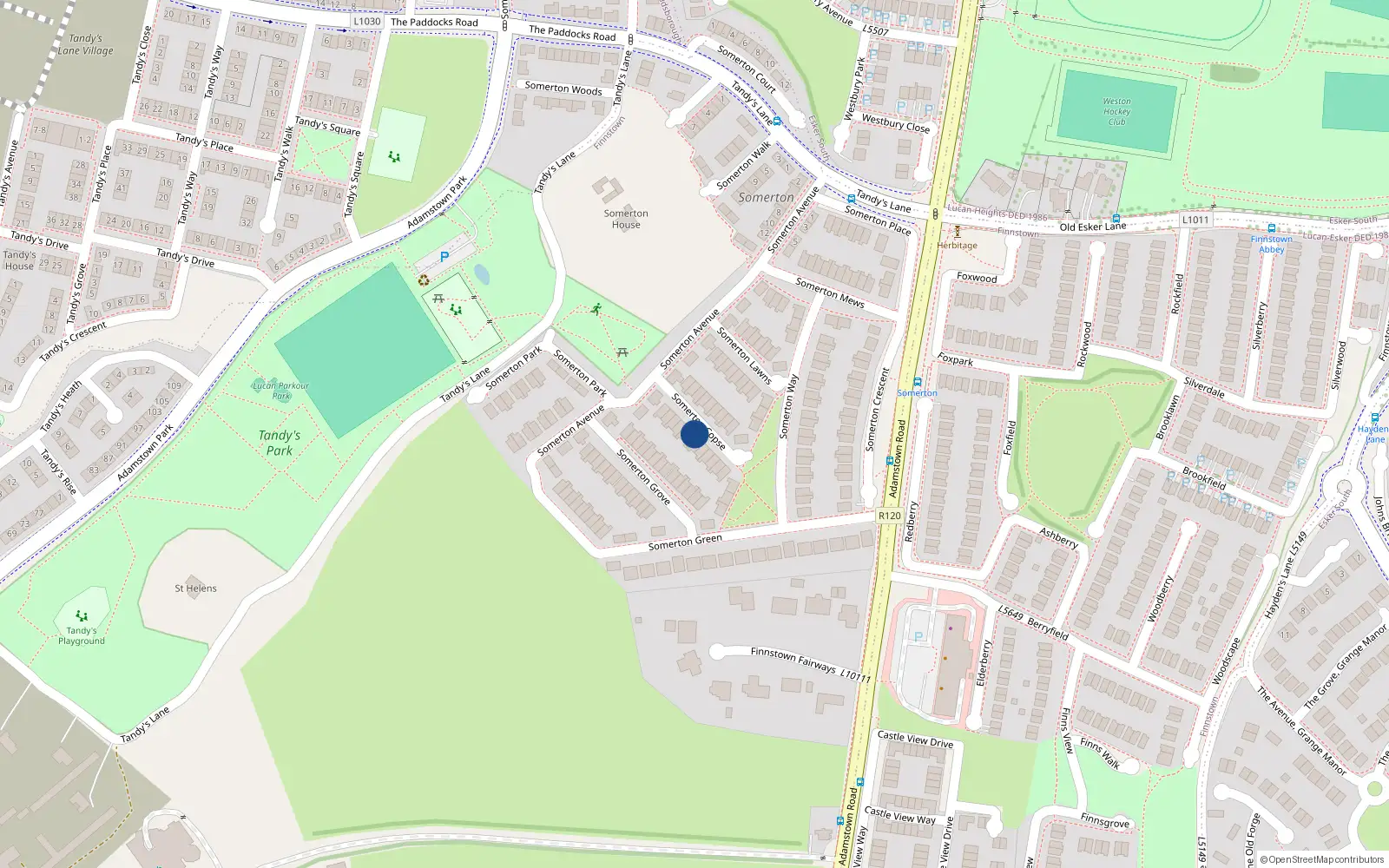 Overhead map showing the location of 12 Somerton Copse, Finnstown