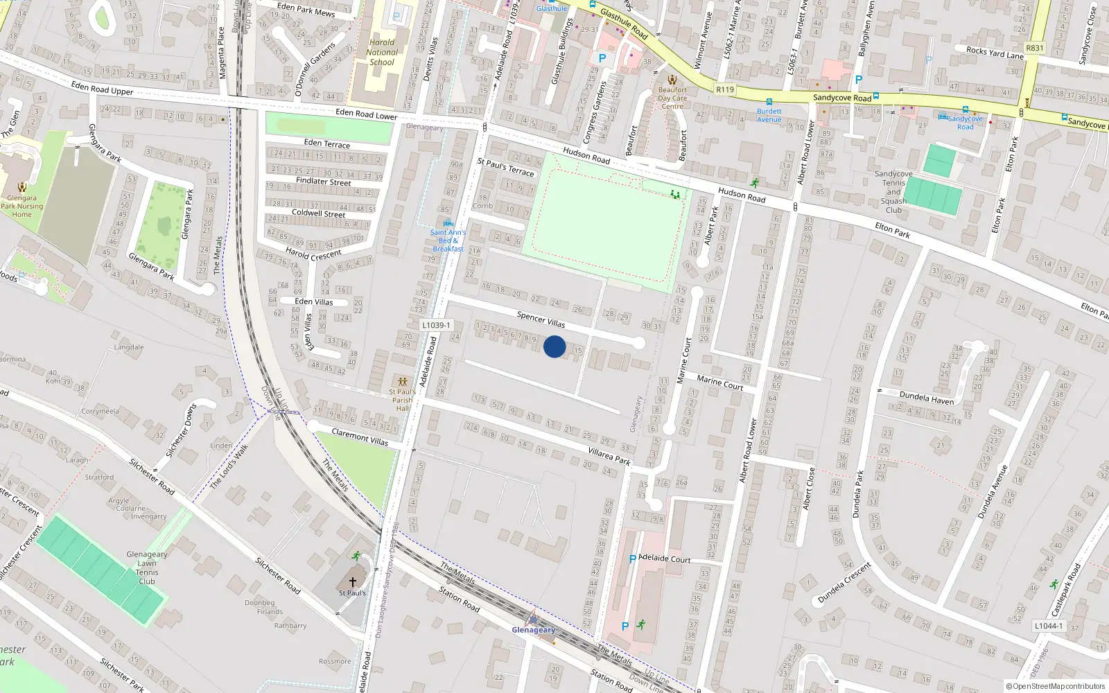 Overhead map showing the location of 12 Spencer Villas, Glenageary, Dublin