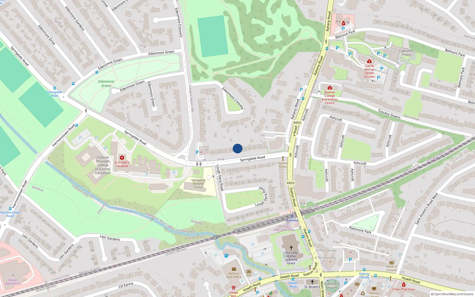 Overhead map showing the location of 12 Springdale Road, Raheny, Dublin 5
