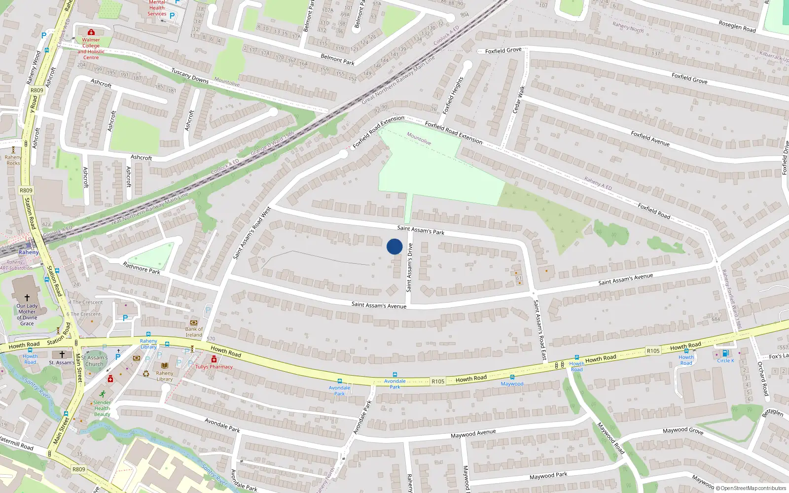 Overhead map showing the location of 12 St Assams Drive, Raheny, Dublin 5