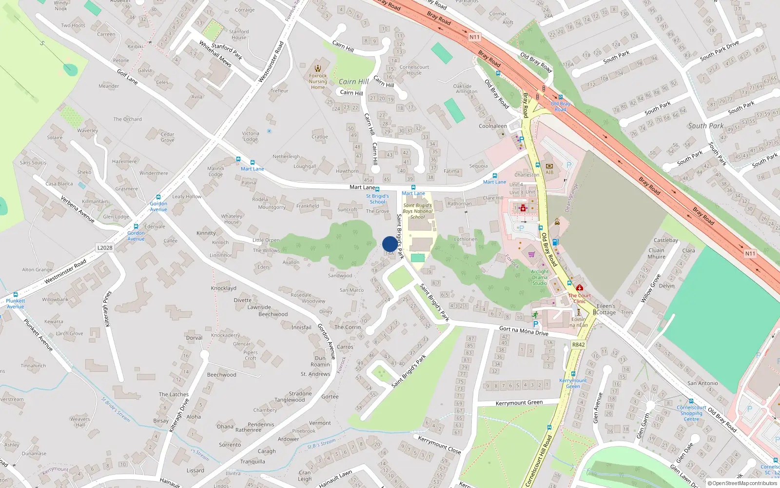 Overhead map showing the location of 12 Saint Brigid's Park, Dublin 18