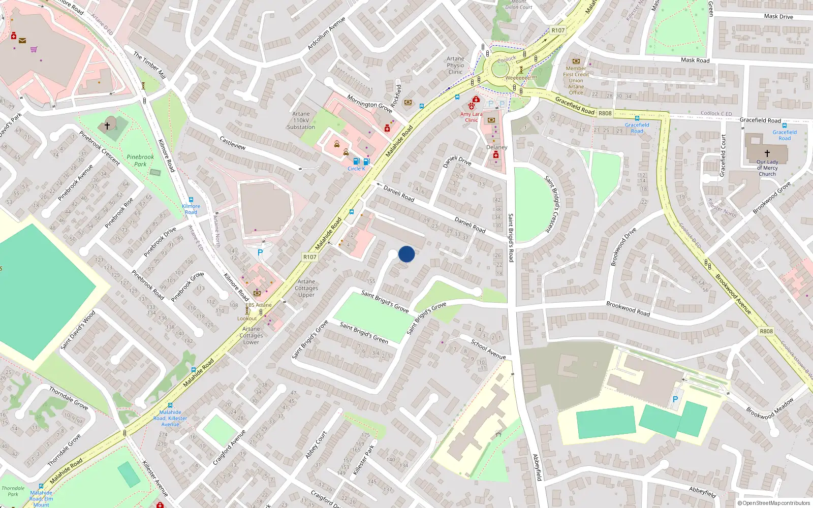 Overhead map showing the location of 12 Clós Naomh Bríd, Dublin 5