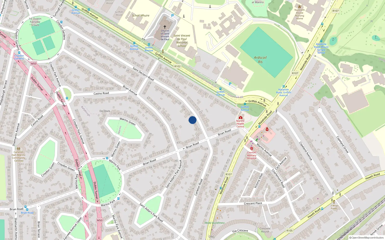 Overhead map showing the location of 12 Saint Declan's Road, Dublin 3