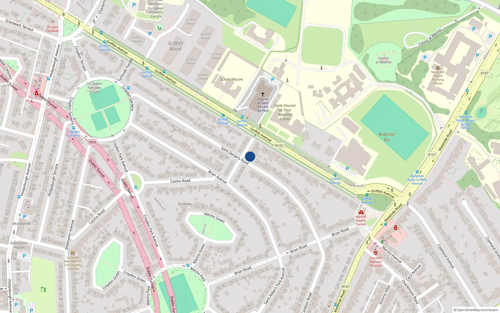 Overhead map showing the location of 12 St. Declans, Terrance, Marino