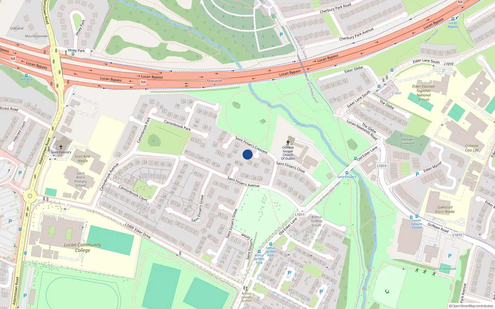 Overhead map showing the location of 12 St Finians Crescent, Lucan, Dublin