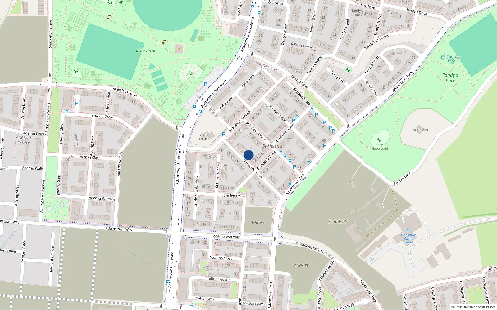 Overhead map showing the location of 12 St Helens Grove, Adamstown, Lucan