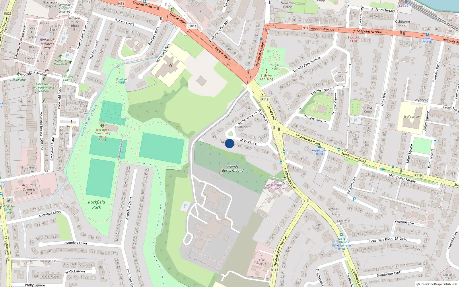 Overhead map showing the location of 12 St Vincents Park, Blackrock, Dublin