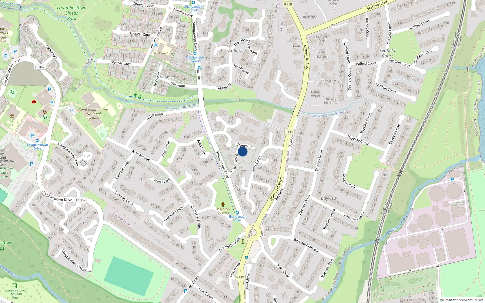 Overhead map showing the location of 12 Shanganagh Road, Killiney