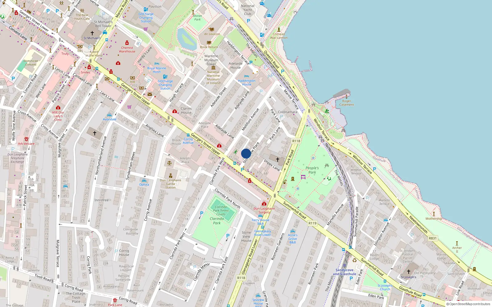 Overhead map showing the location of 12 Stoneview Place, Dun Laoghaire, Dublin