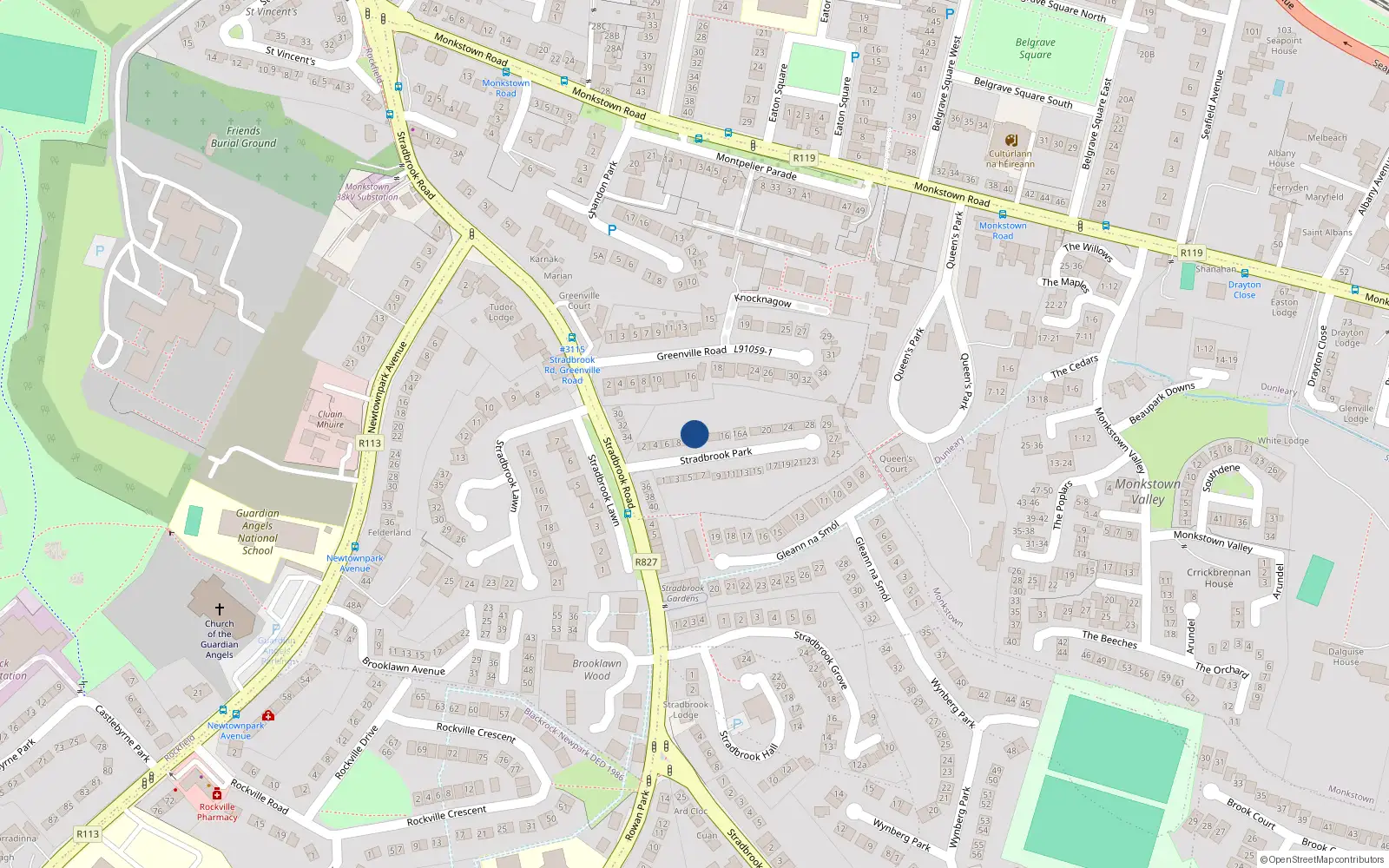 Overhead map showing the location of 12 Stradbrook Park, Blackrock