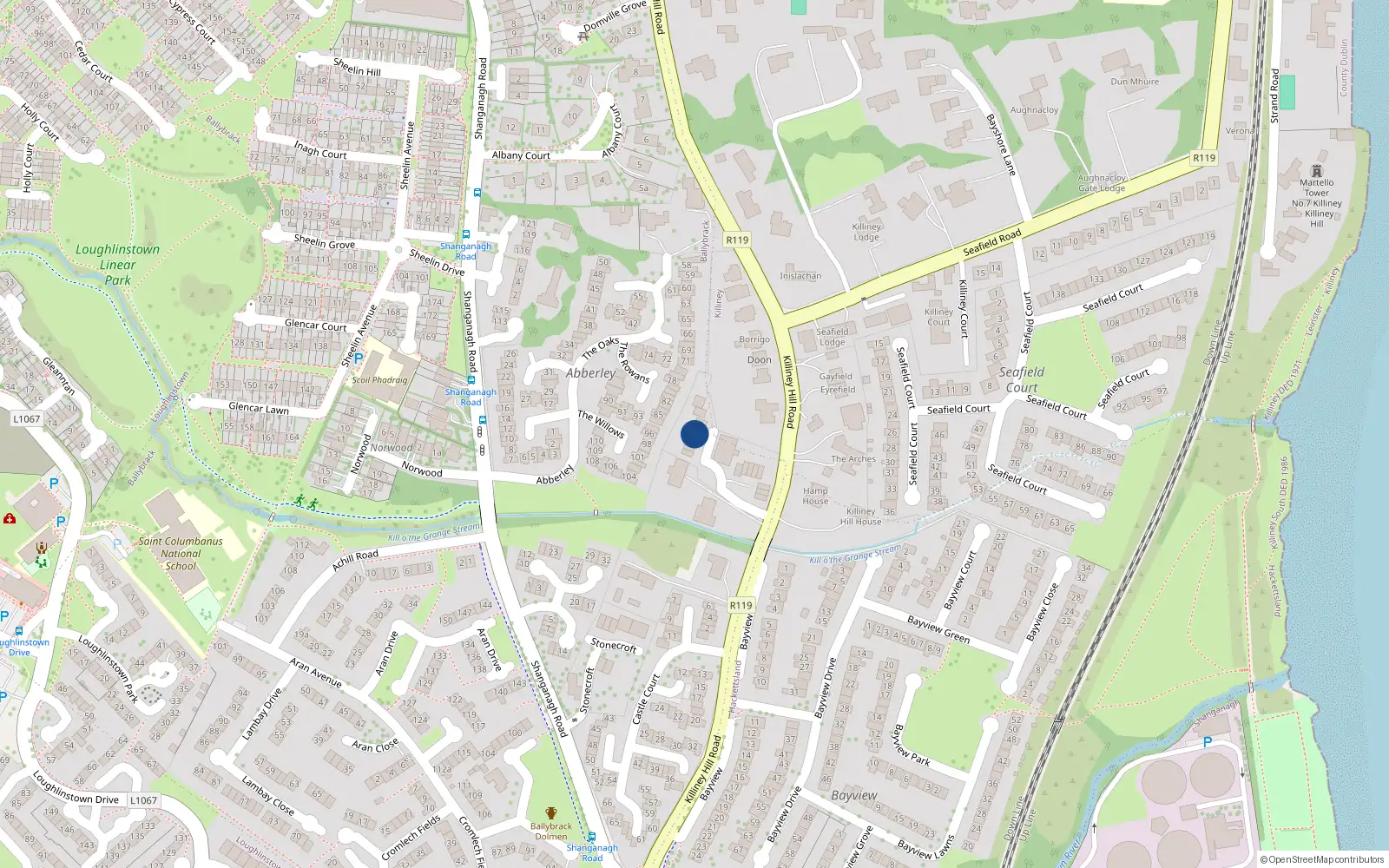Overhead map showing the location of 12 Streamville Court, Killiney