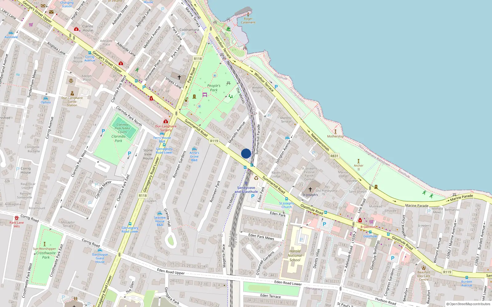 Overhead map showing the location of 12 Summerhill Road, Dun Laoghaire, Dublin