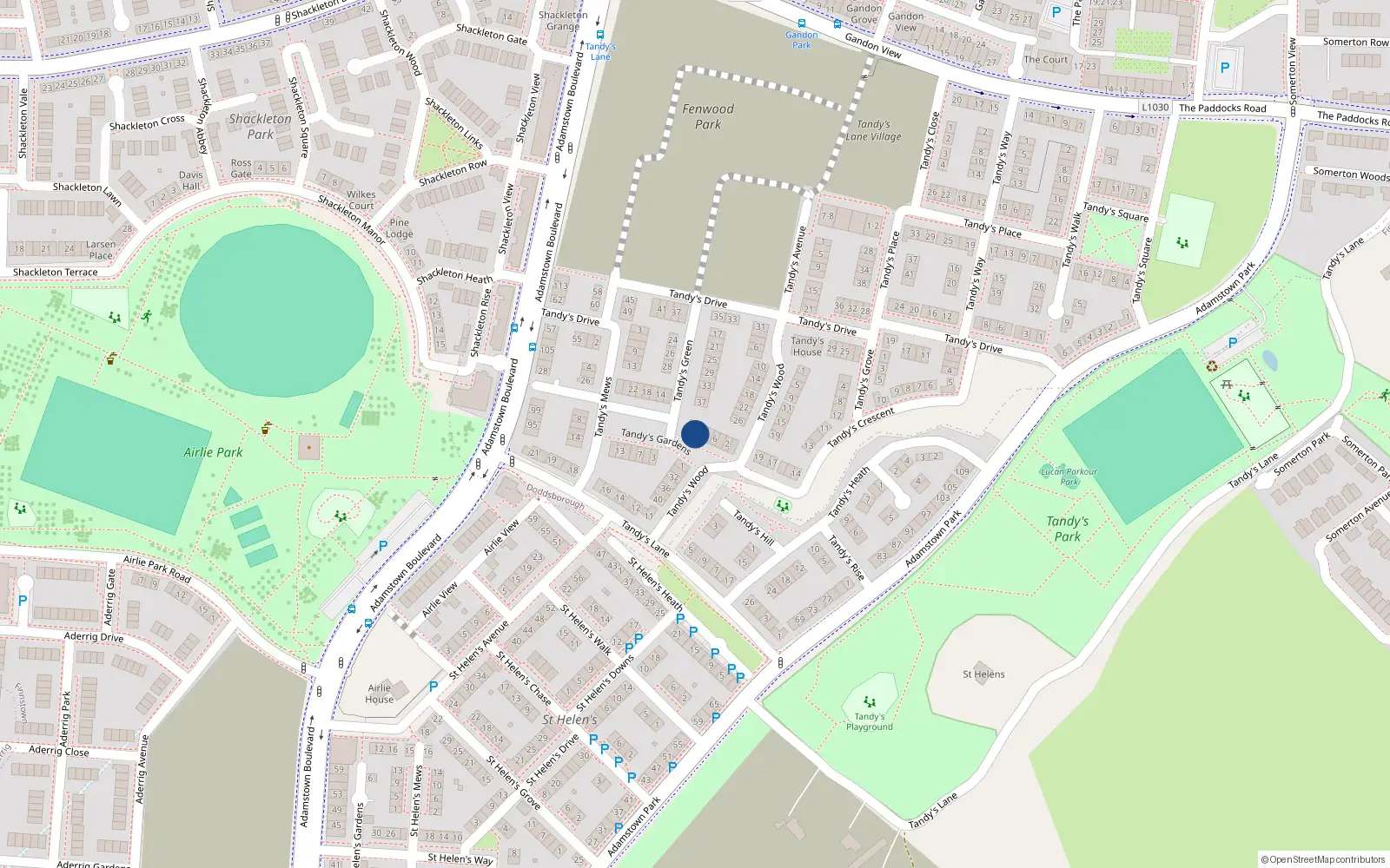 Overhead map showing the location of 12 Tandy's Gardens, Adamstown, Lucan