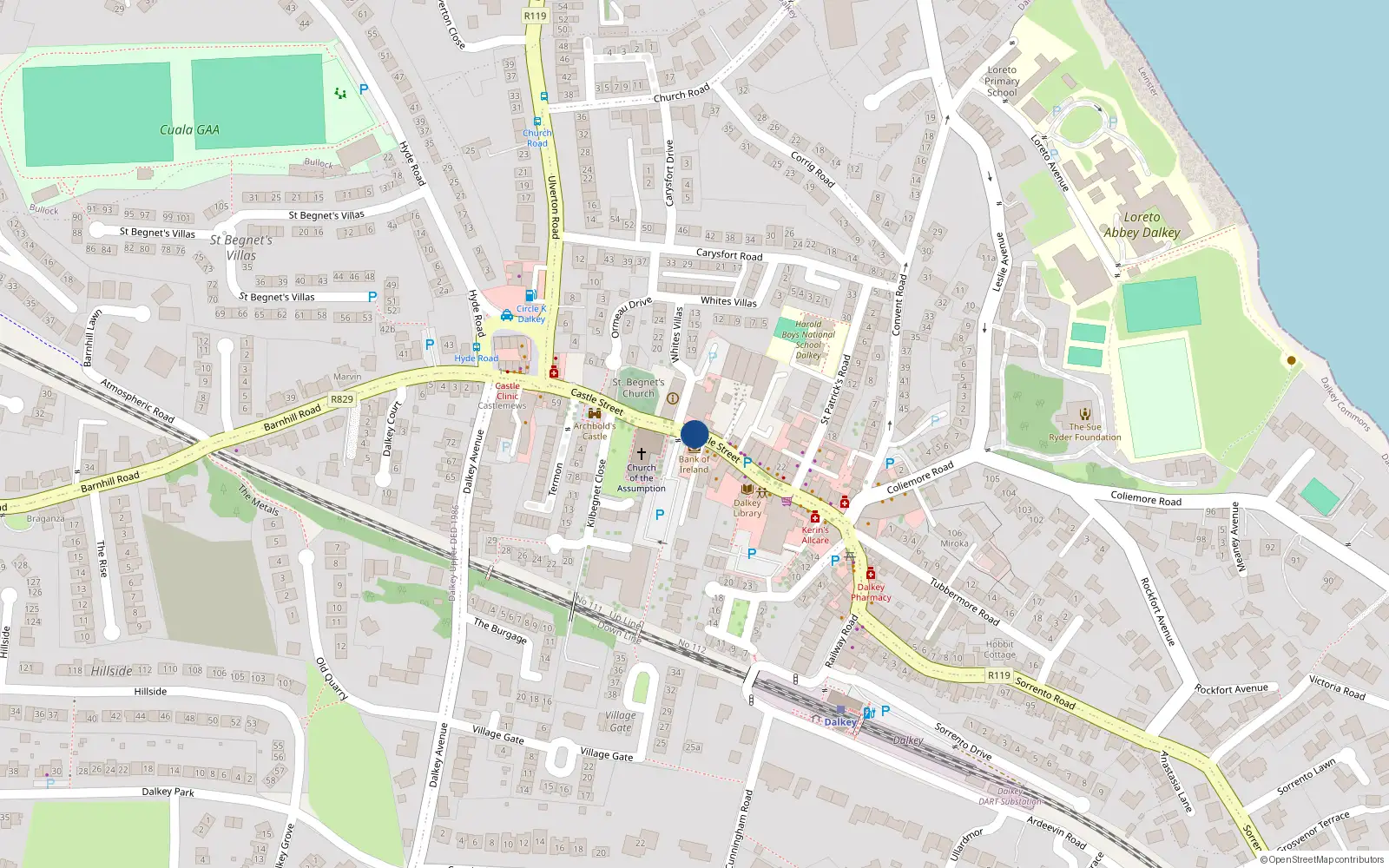 Overhead map showing the location of 12 Termon, Castle Street, Dalkey