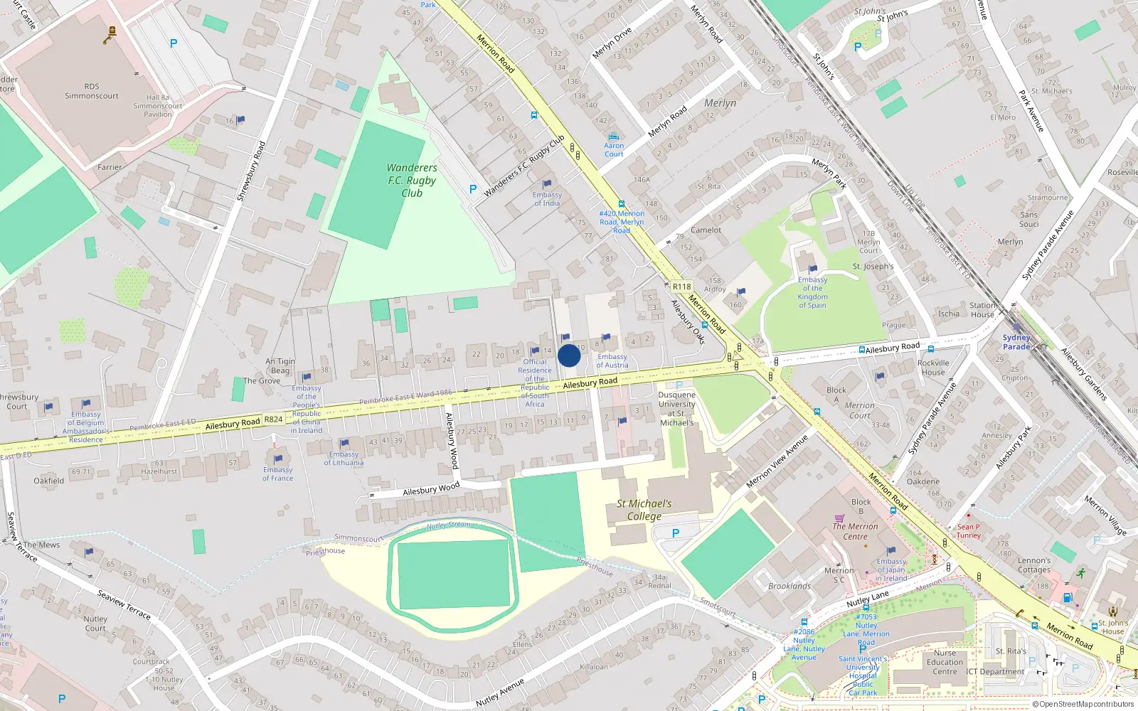 Overhead map showing the location of 12 Ailesbury Road, Simmonscourt