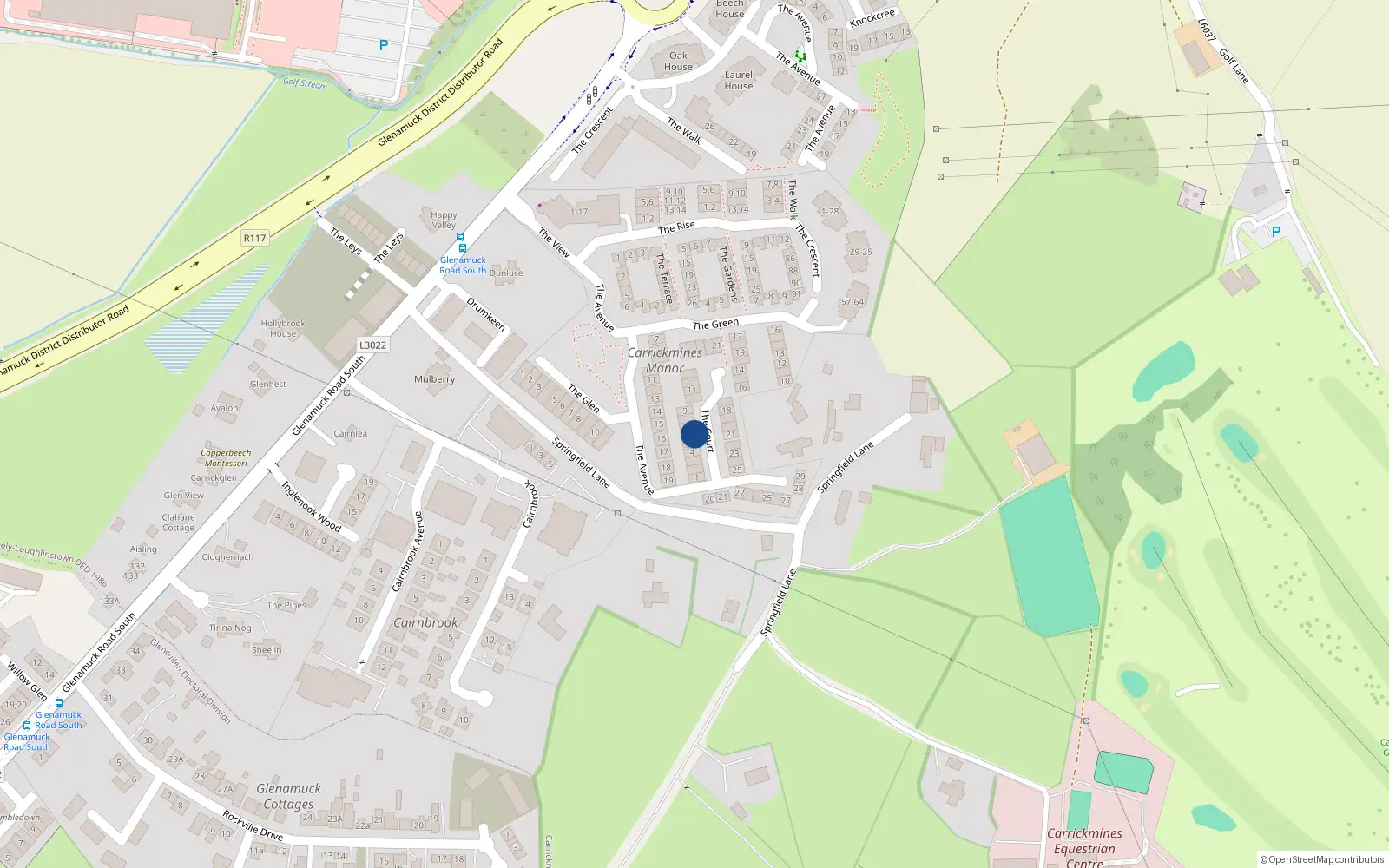 Overhead map showing the location of 12 The Court, Carrickmines