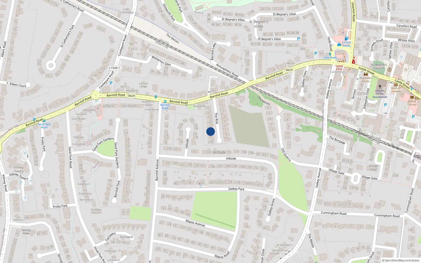 Overhead map showing the location of 12 The Rise, Dalkey