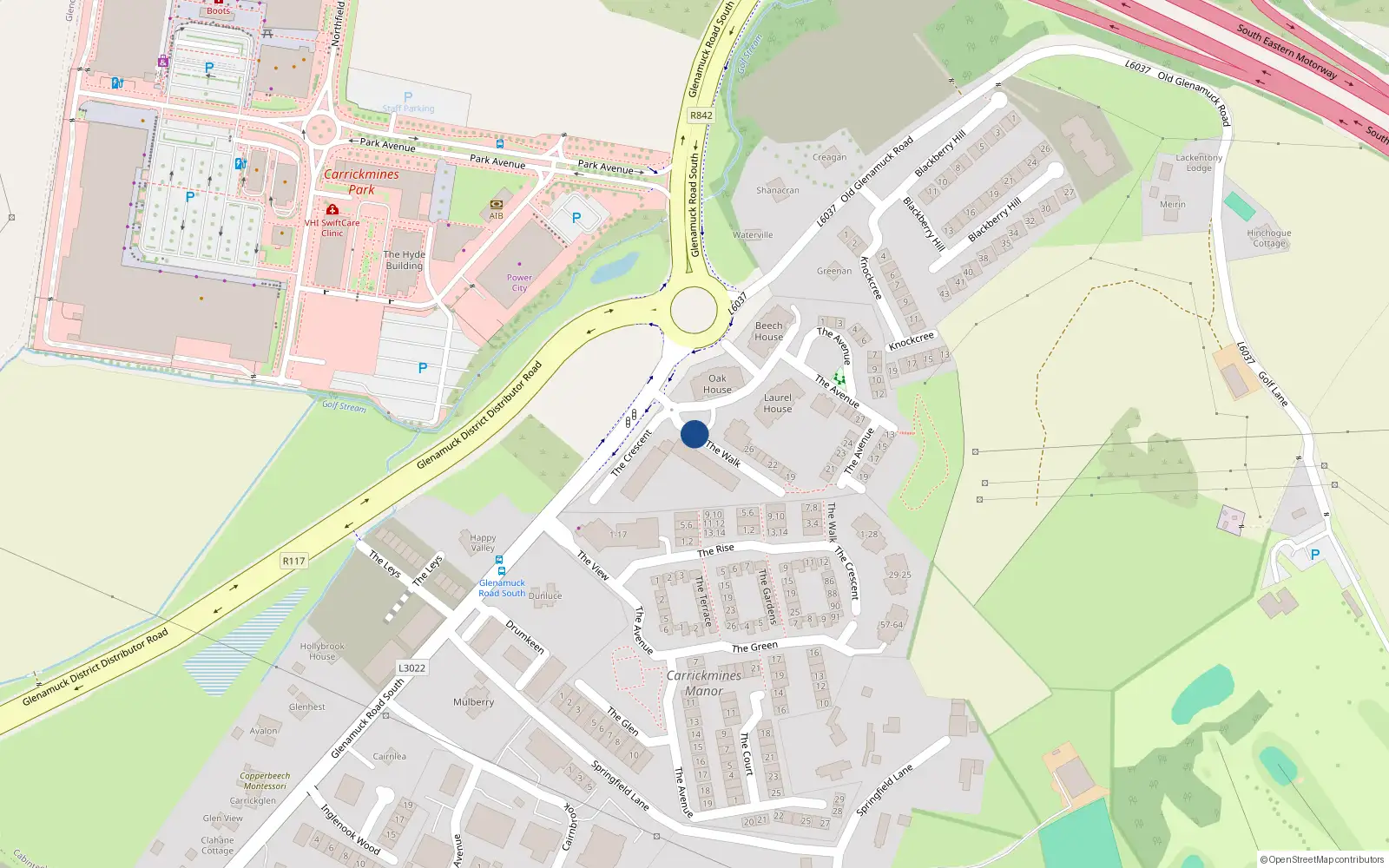 Overhead map showing the location of 12 The Walk Carrickmines Green, Carrickmines