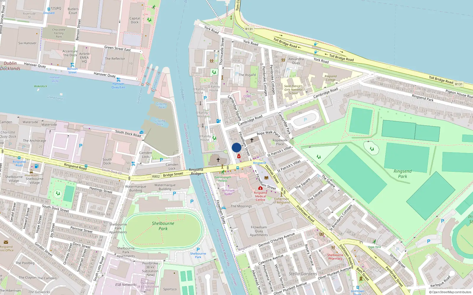 Overhead map showing the location of 12 Thorncastle Street, Ringsend