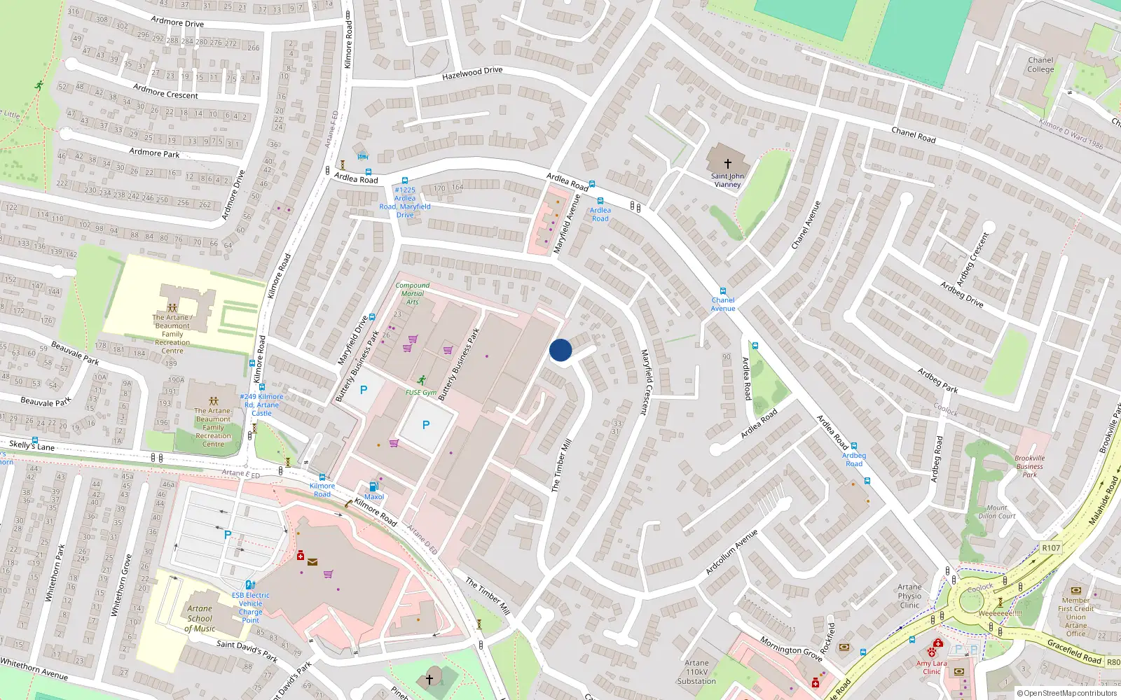 Overhead map showing the location of 12 Timber Mills, Artane, Dublin 5