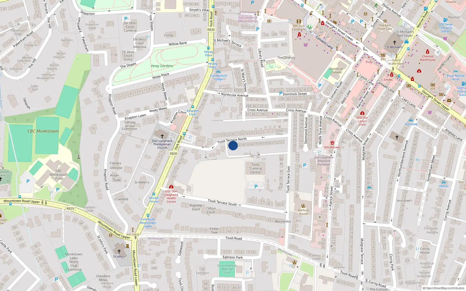 Overhead map showing the location of 12 Tivoli Terrace North, Dun Laoghaire, Dublin