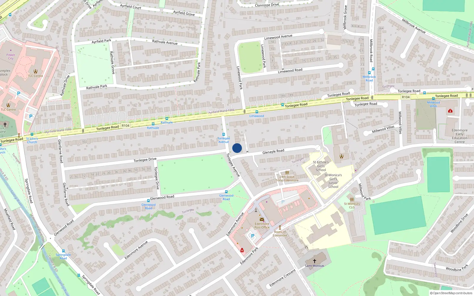 Overhead map showing the location of 12 Tonglegee Avenue, Raheny, Dublin 5