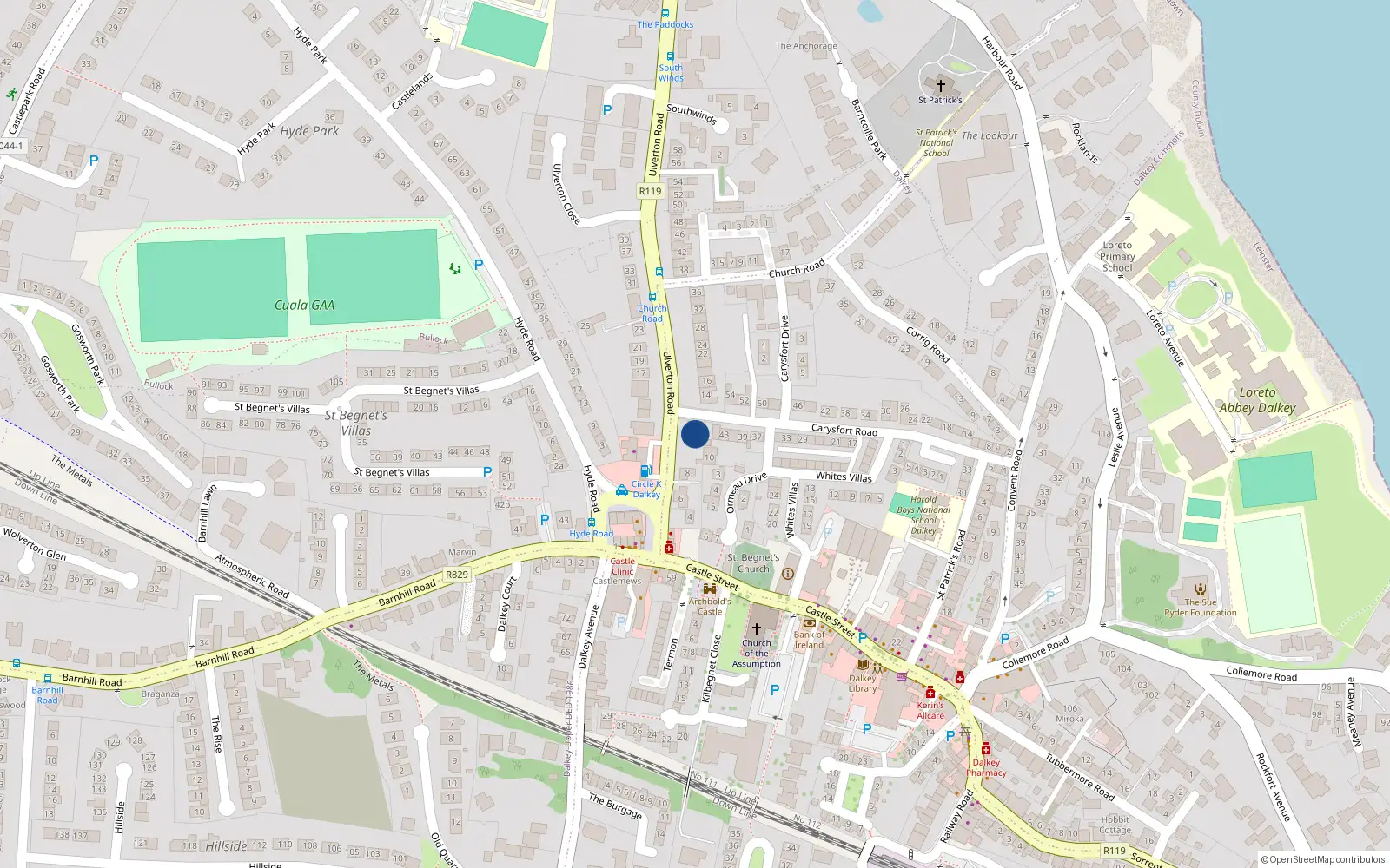 Overhead map showing the location of 12 Ulverton Road, Dalkey