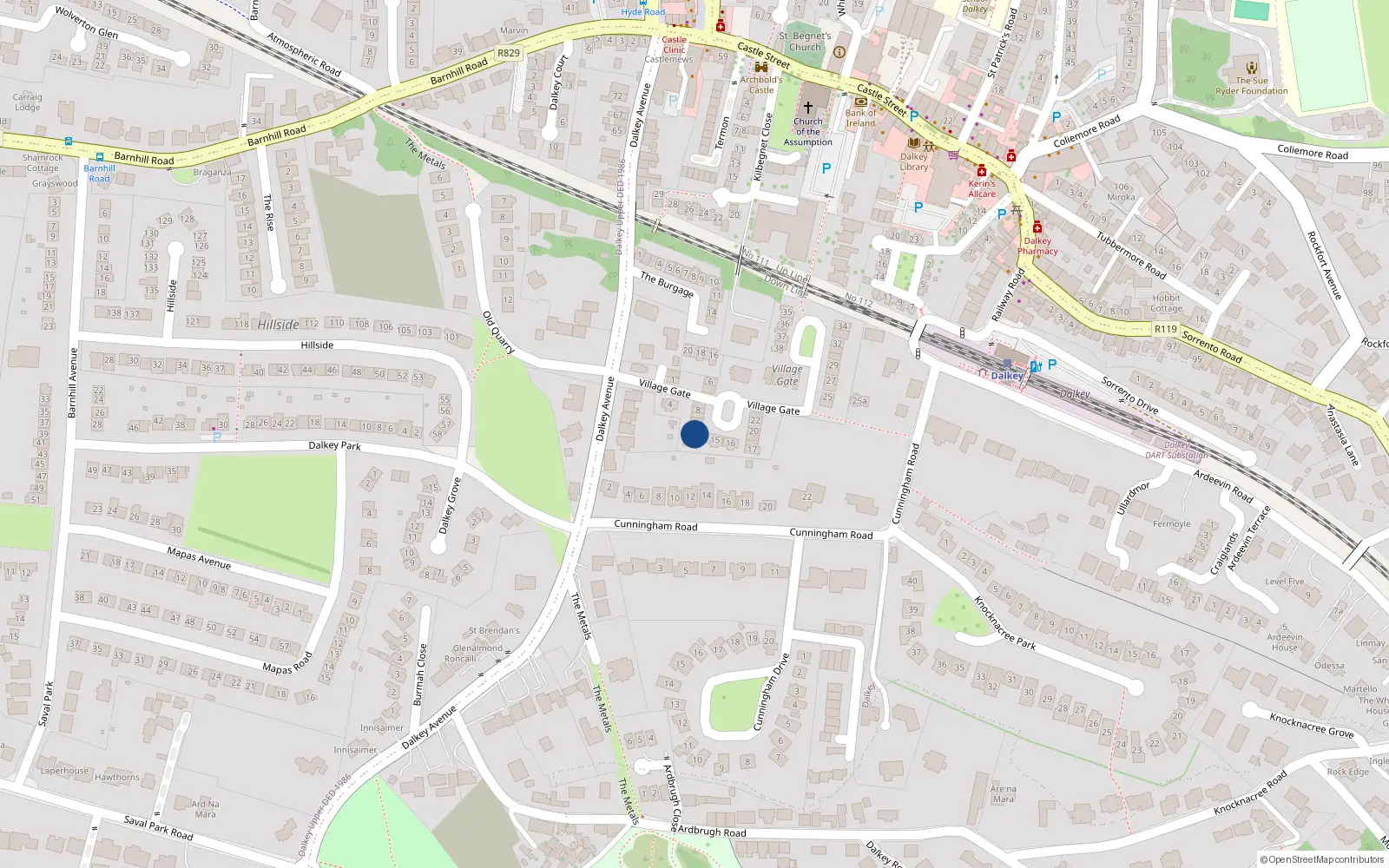 Overhead map showing the location of 12 Village Gate, Dalkey, Dublin