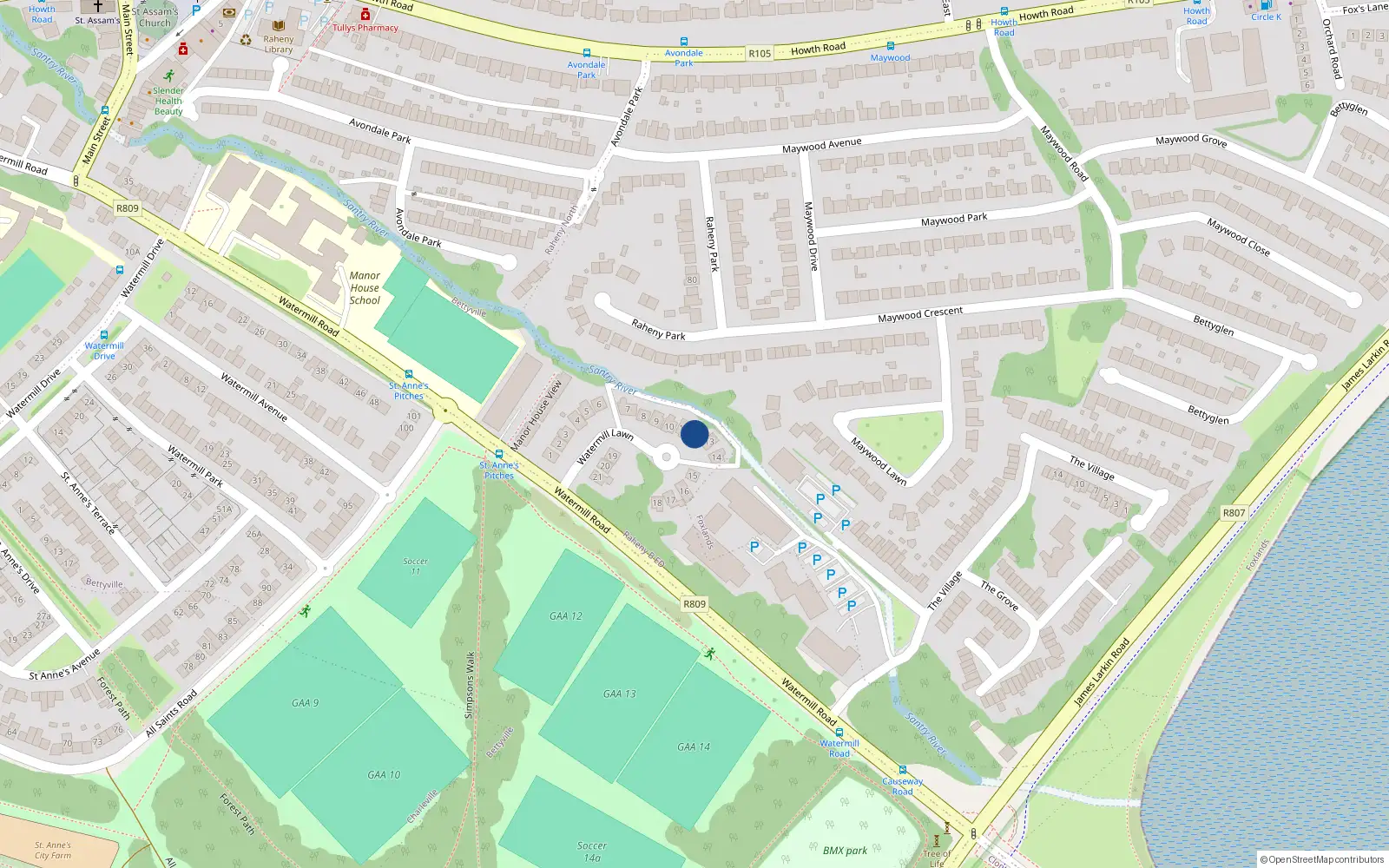 Overhead map showing the location of 12 Watermill Lawn, Raheny, Dublin 5