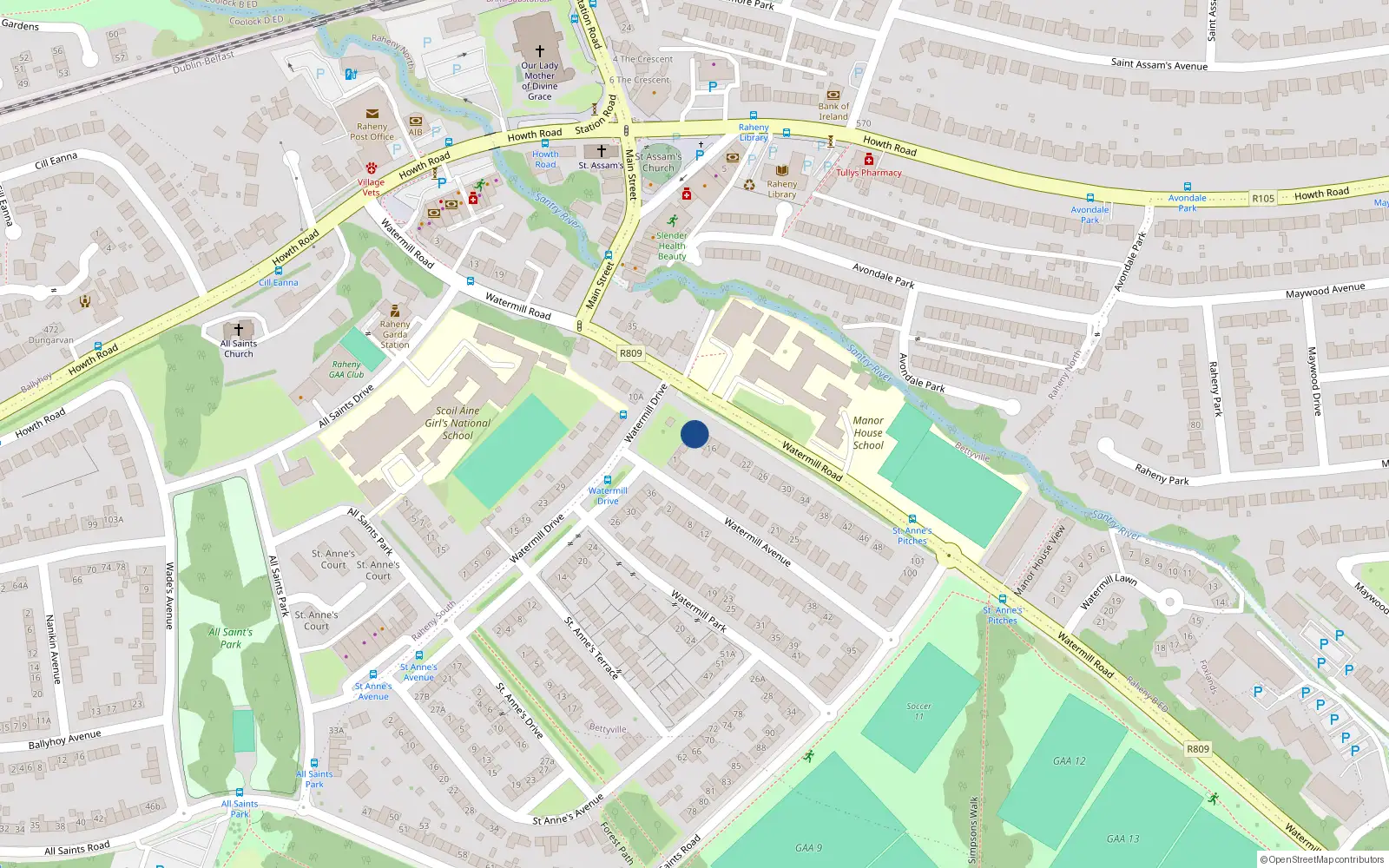 Overhead map showing the location of 12 Watermill Road, Dublin 5