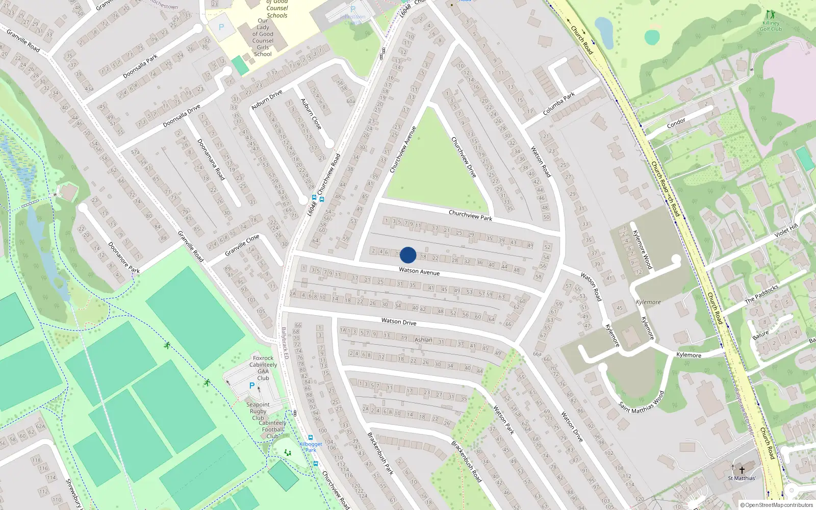 Overhead map showing the location of 12 Watson Avenue, Killiney