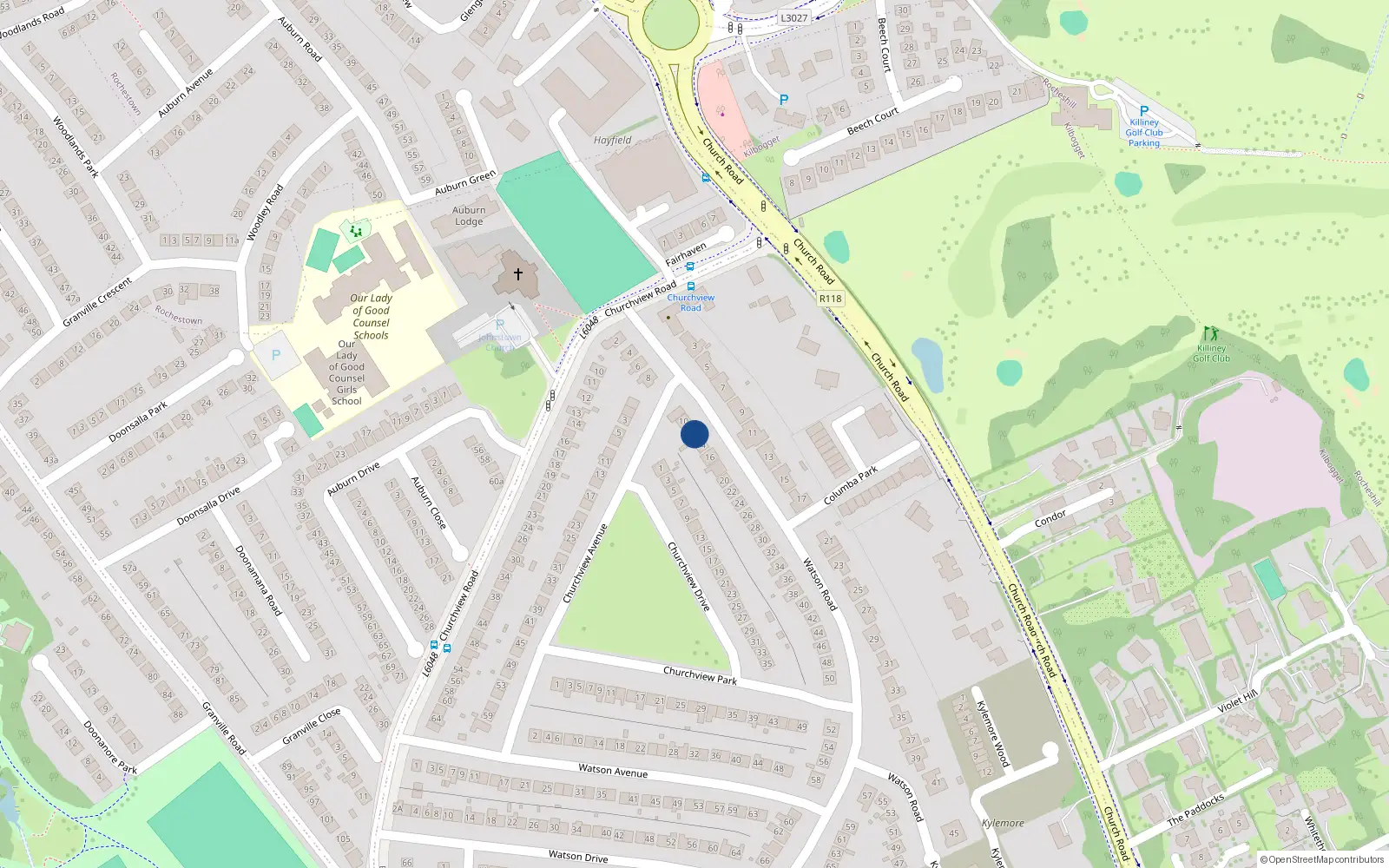 Overhead map showing the location of 12 Watson Road, Killiney