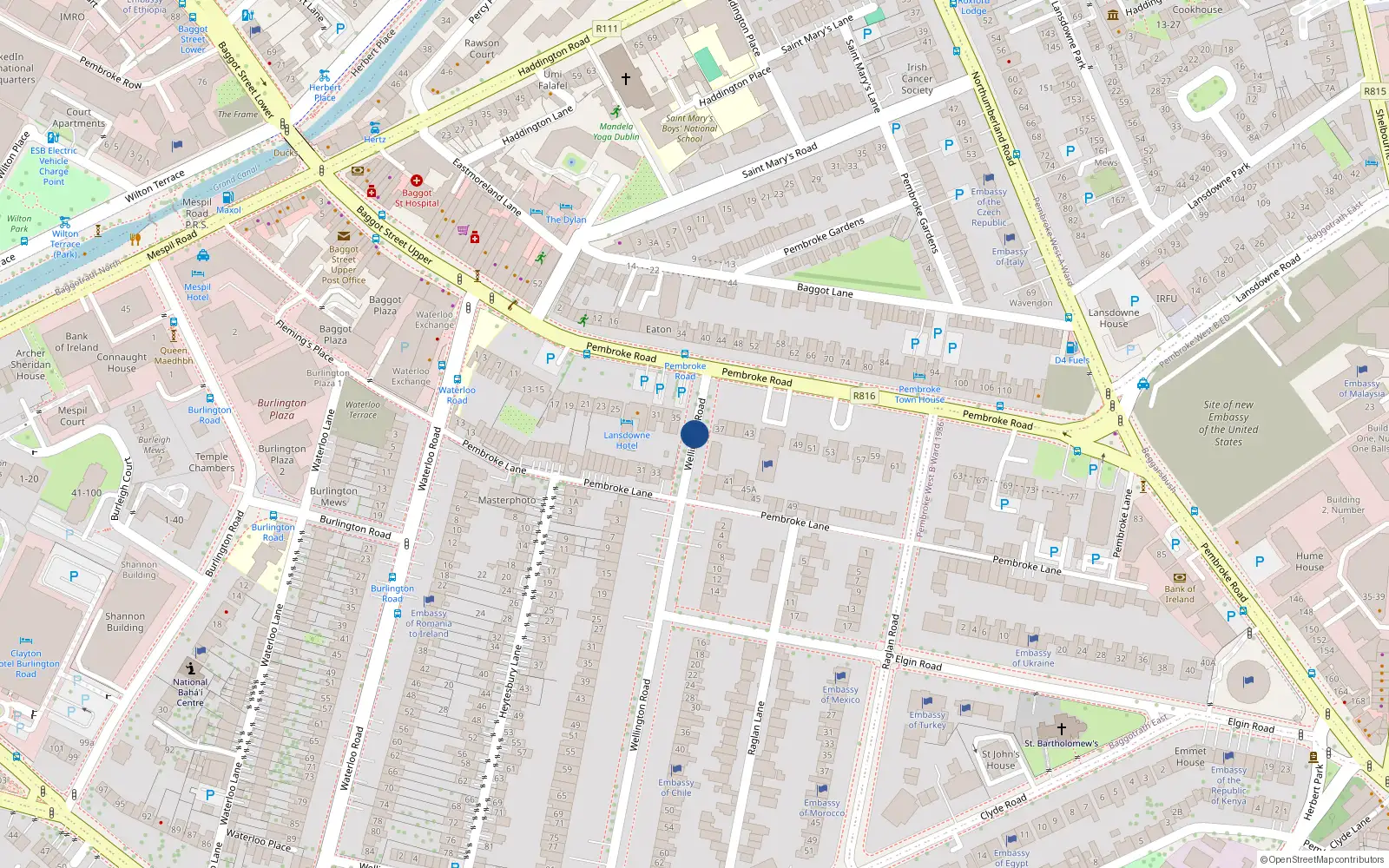 Overhead map showing the location of 12 Wellington Road, Ballsbridge