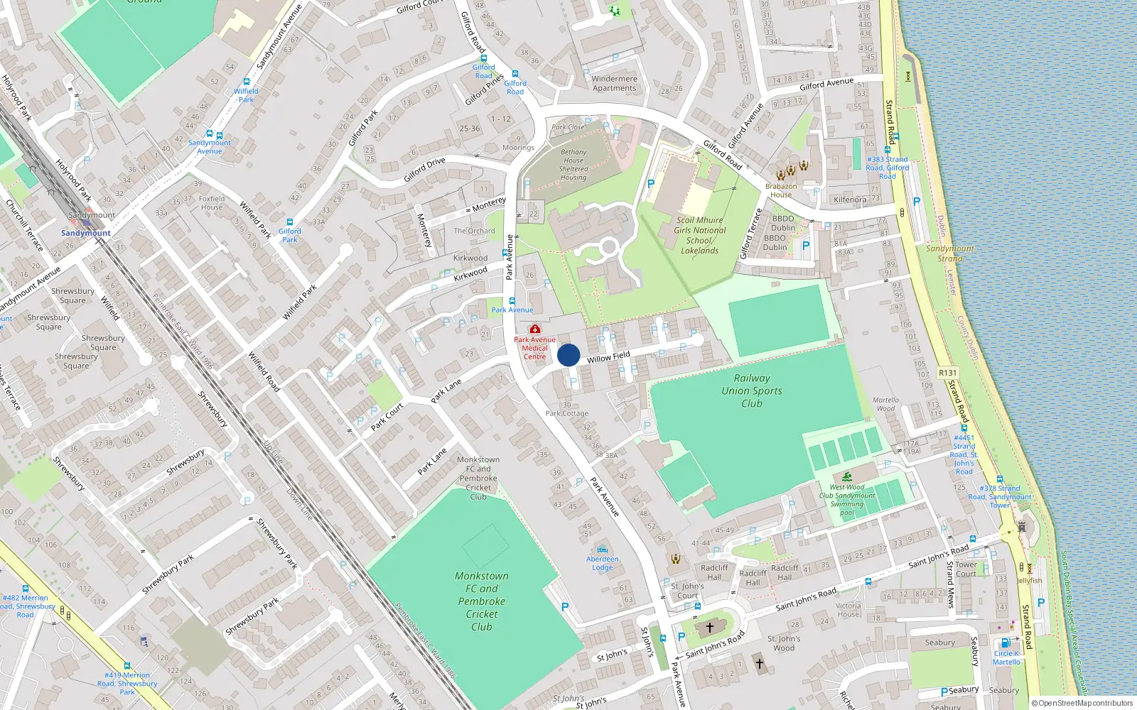 Overhead map showing the location of 12 Willow Field, Sandymount