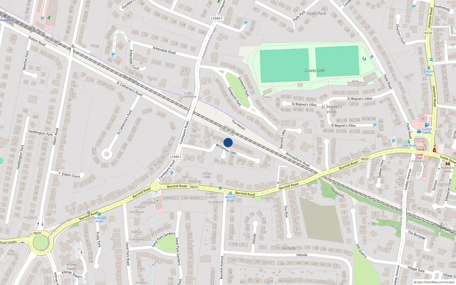 Overhead map showing the location of 12 Wolverton Glen, Dalkey