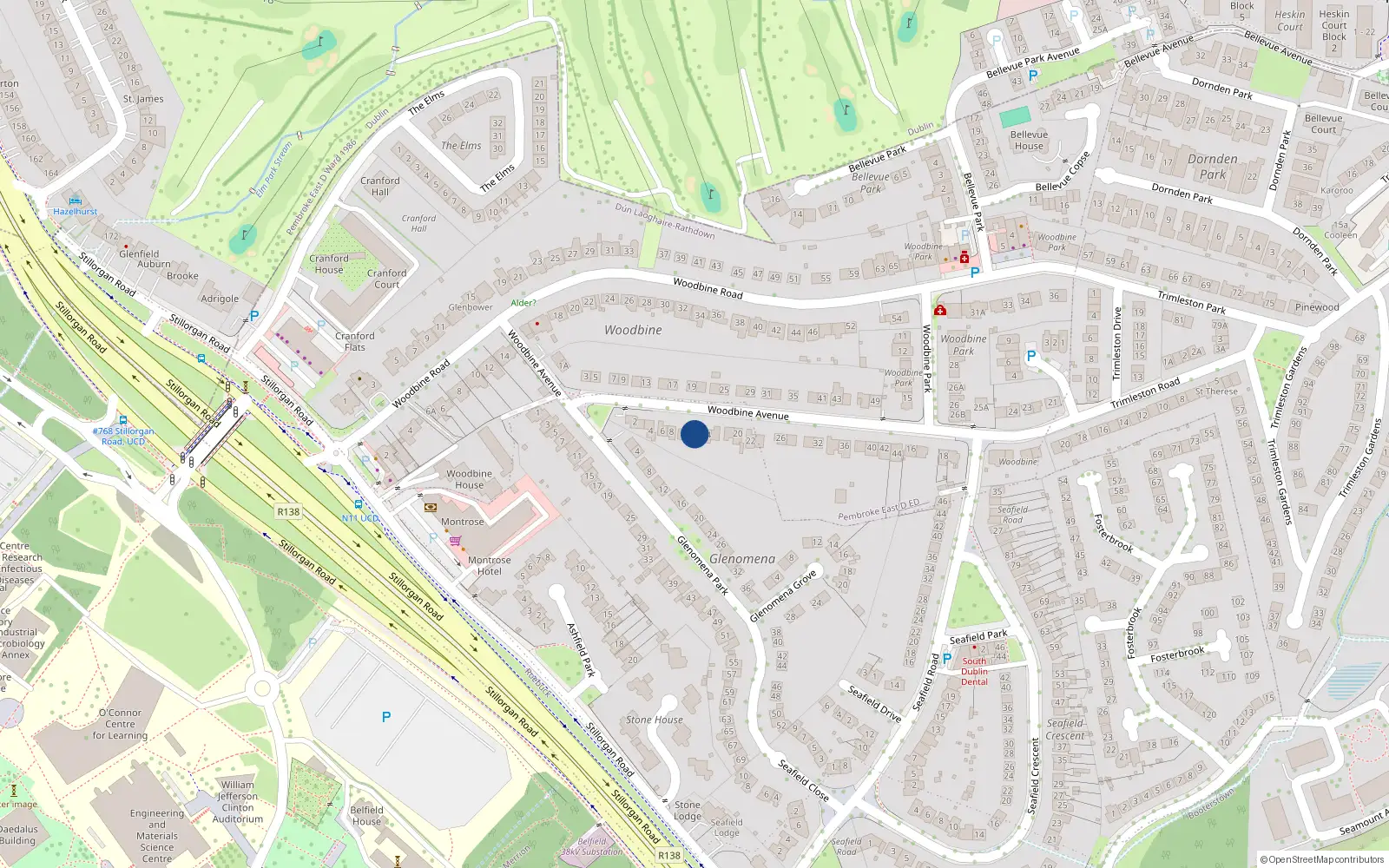 Overhead map showing the location of 12 Woodbine Avenue, Blackrock
